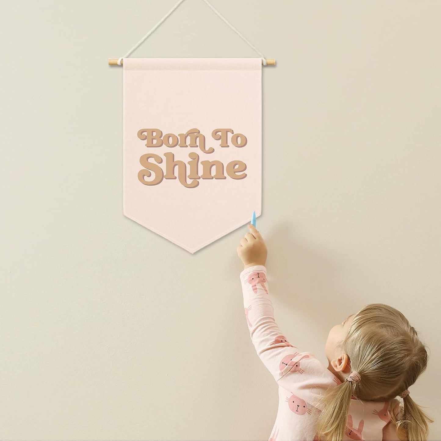 Pink Girls Banner Canvas, Inspirational Girly Kids Room Decor, Born to Shine Pennant Flag Sign Hanging, Nursery Boho Wall Art Gifts for Toddler Room Playroom Baby Shower Decor 11x15in