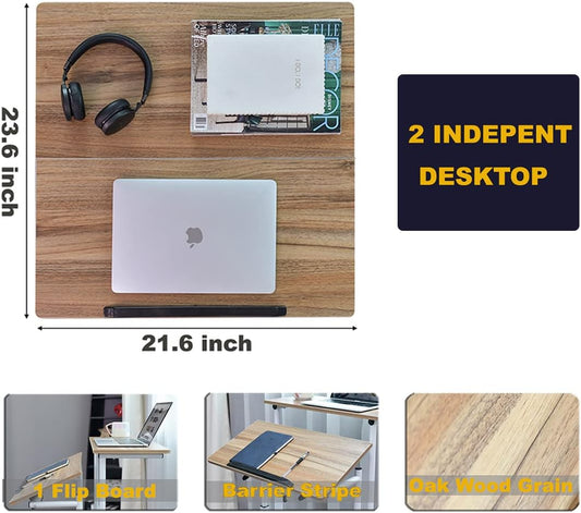 AIZ Double Table Adjustable Computer Desk, Mobile Standing Desk with Rolling Wheels for Home Office Workstation, Portable Laptop Stand Tall Table for Standing or Sitting, Adults or Children