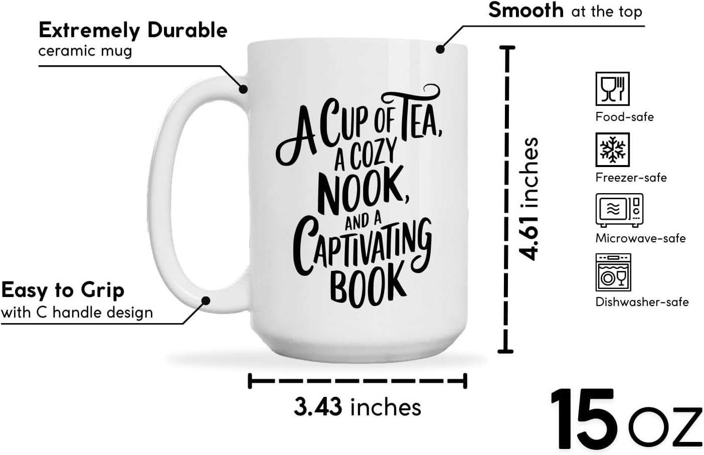 Book Lovers Coffee Mug 15oz White -Tea Nook - Gift for Book Club Bookworm Bookish Reading Nerdy Avid Readers Women