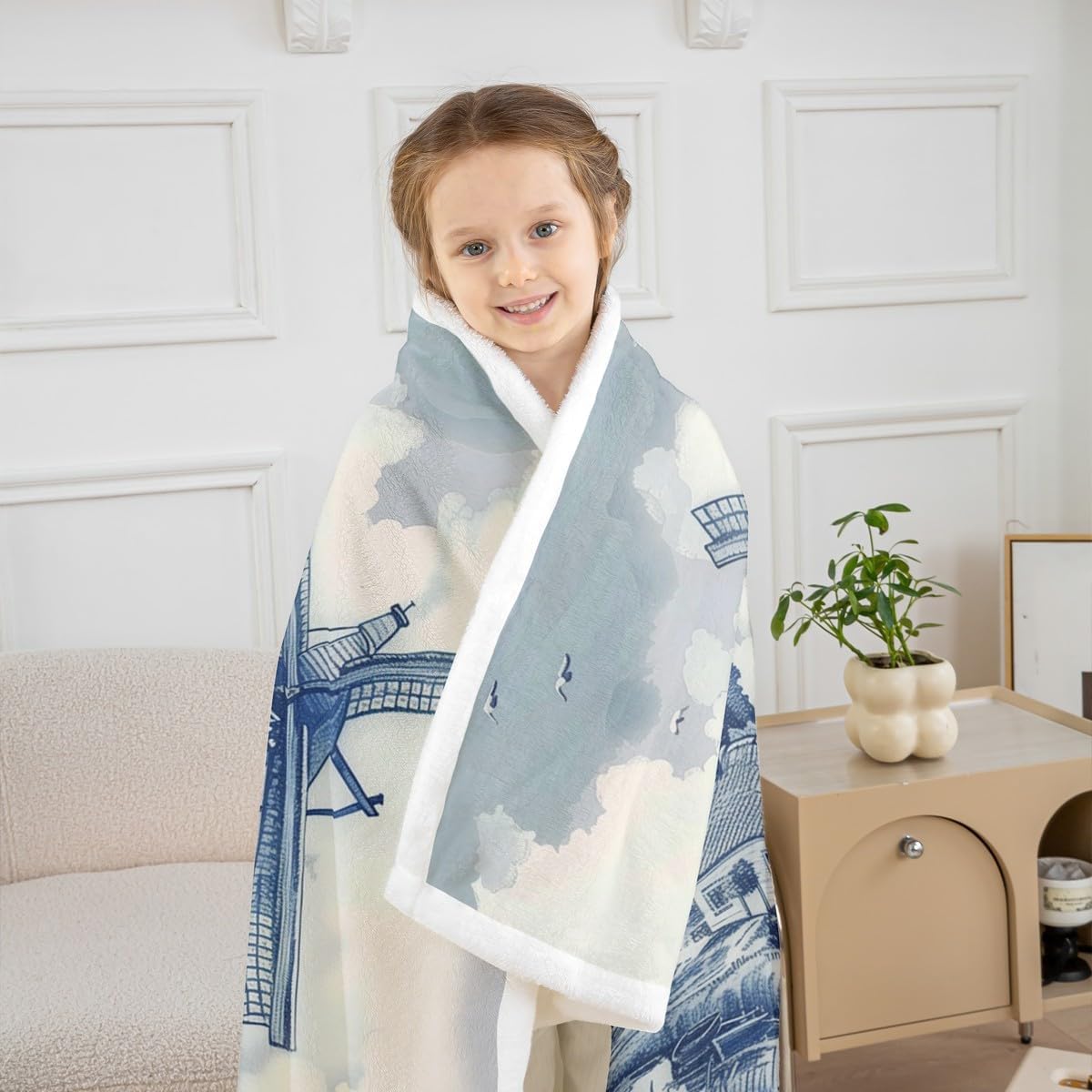 Erosebridal Vintage Dutch Windmill Plush Blanket Throw 50x60 Delft Blue Farm Throw Blankets Rustic Farmhouse Blanket