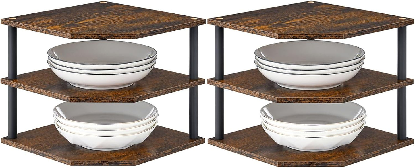 3-Tier Wood Corner Shelf, Cabinet Plate Dish Pantry Organizer Table Shelves Countertop Bookshelf Decor for Kitchen Bathroom Bedroom Home Set of 2
