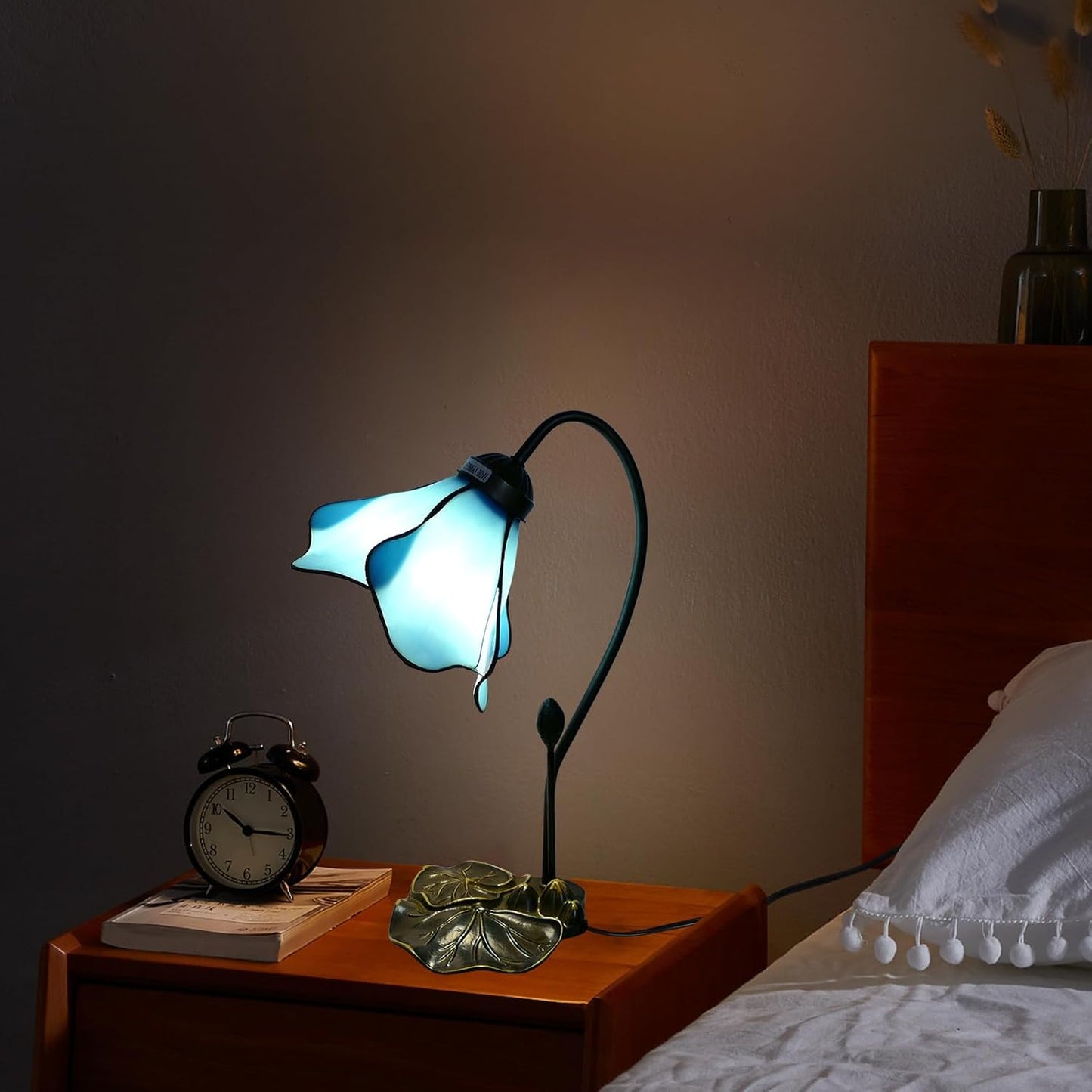 Tiffany Table Lamp Blue Lotus Stained Glass Lamp 8" Wide 14" Tall Bedside Table Light Desk Lamps Vintage Reading Lamp with Color Changing LED Bulb