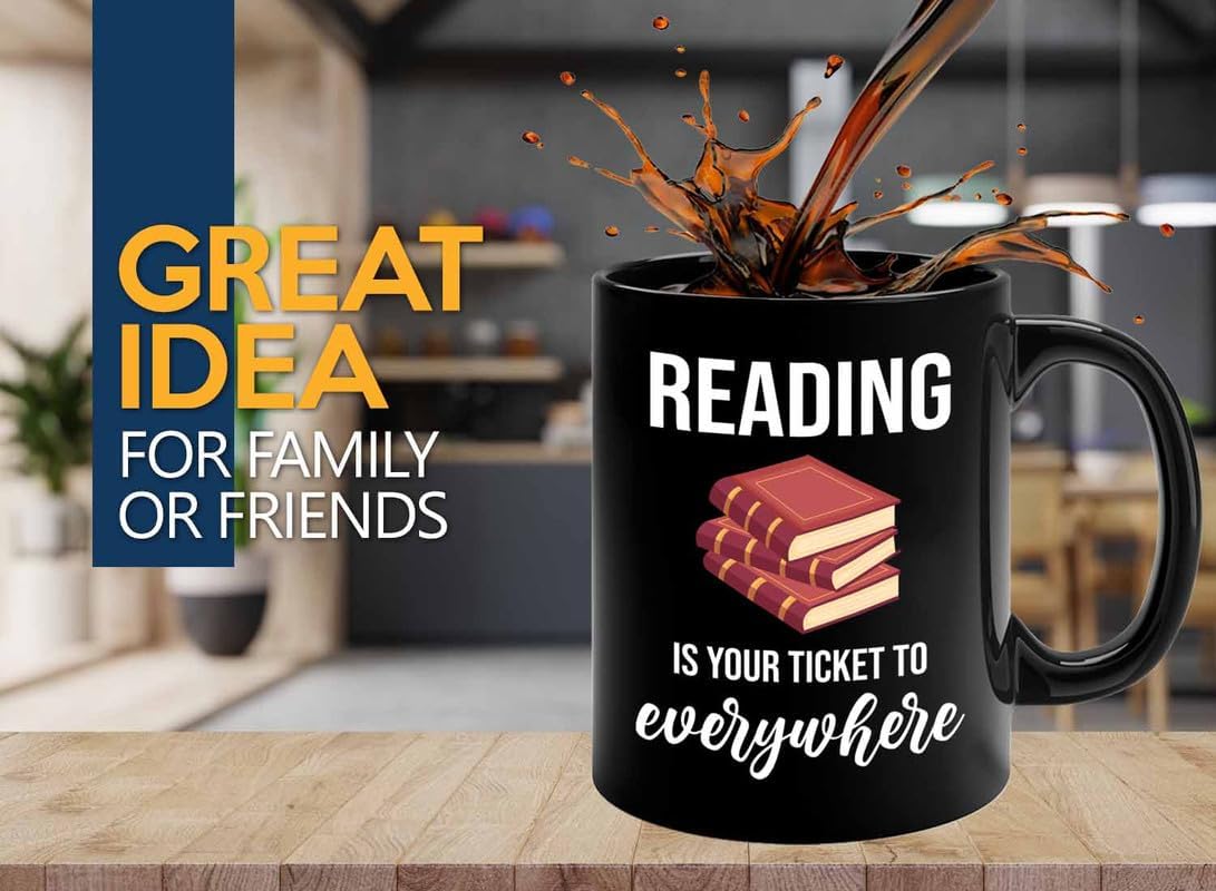 Bookish Coffee Mug 11oz Black -Reading ticket to everywhere - Novel enthusiast Book Club Librarian Book Lover Writer Reader Bibliophile