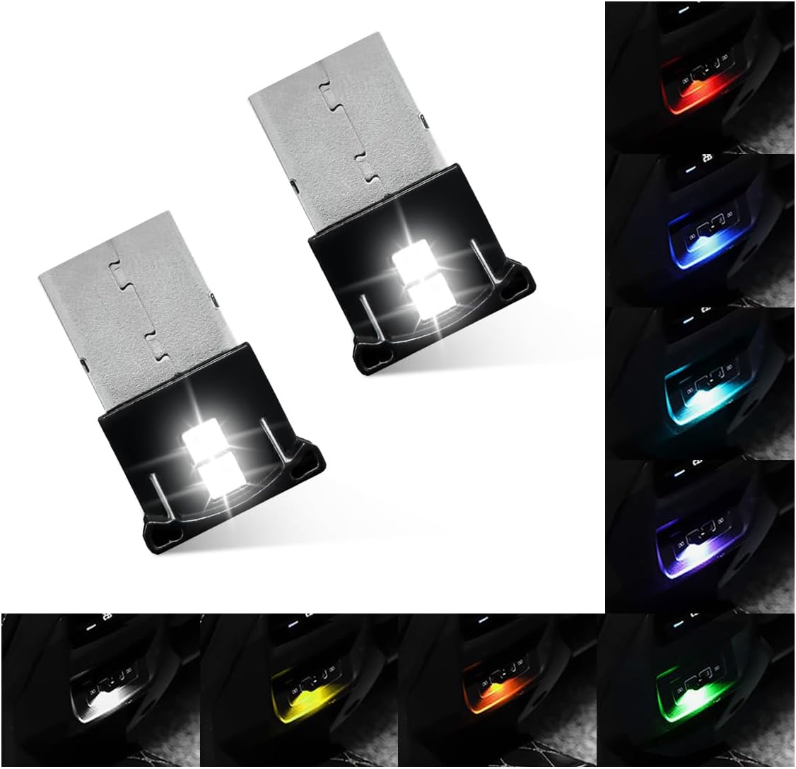 2PCS Mini USB LED Light, Portable RGB Car Interior Atmosphere Lamp, Adjustable 8 Colors Bright Plug-in USB Interface Ambient Light for Home Office Decoration, Car Accessories