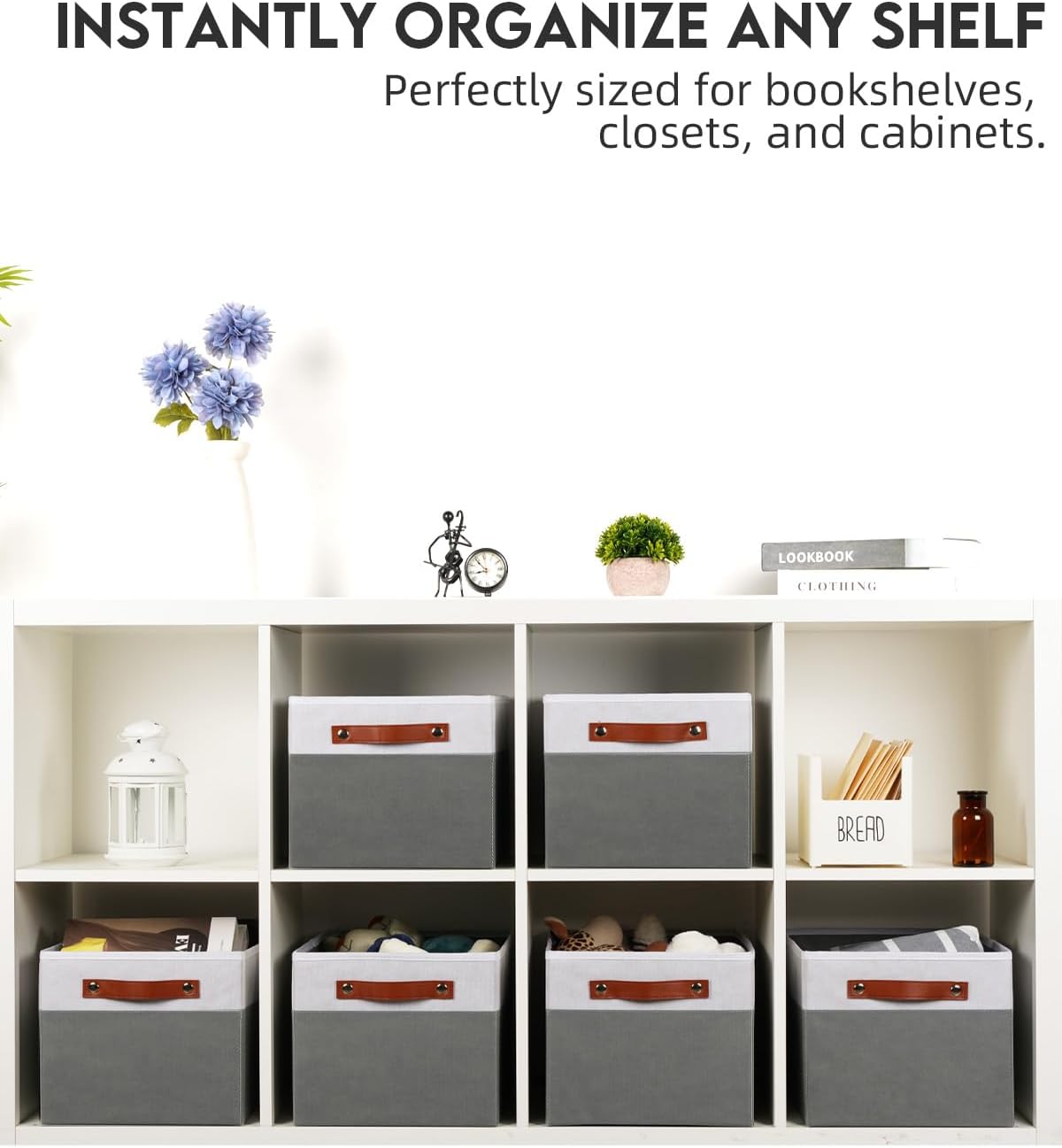 [6-Pack] Fabric Storage Bins (15x11x9.5”) – Reinforced 2.5mm Cardboard Shelf Bins with PU Leather Handles – Durable Storage Baskets for Closet Organization, Toy Organizer, & Home Office – White&Grey