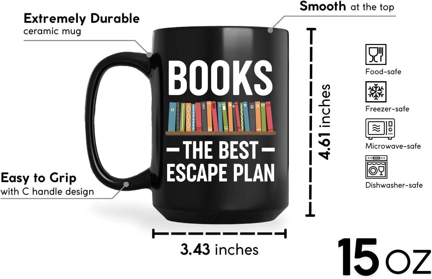 Book Lovers Coffee Mug 15oz Black -Escape plan - Book Reader Bookworm Addict Bookish Librarian Nerd Gifts Decor for Men Women