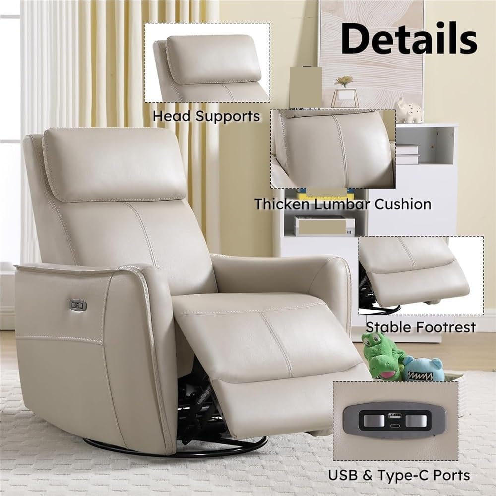 Comfortable Electric Reclining Glider Chair with Breathable Leather, USB Charging Port & Swivel Rocker Ergonomic Nursery, Living Room & Home Office Recliner for Adults