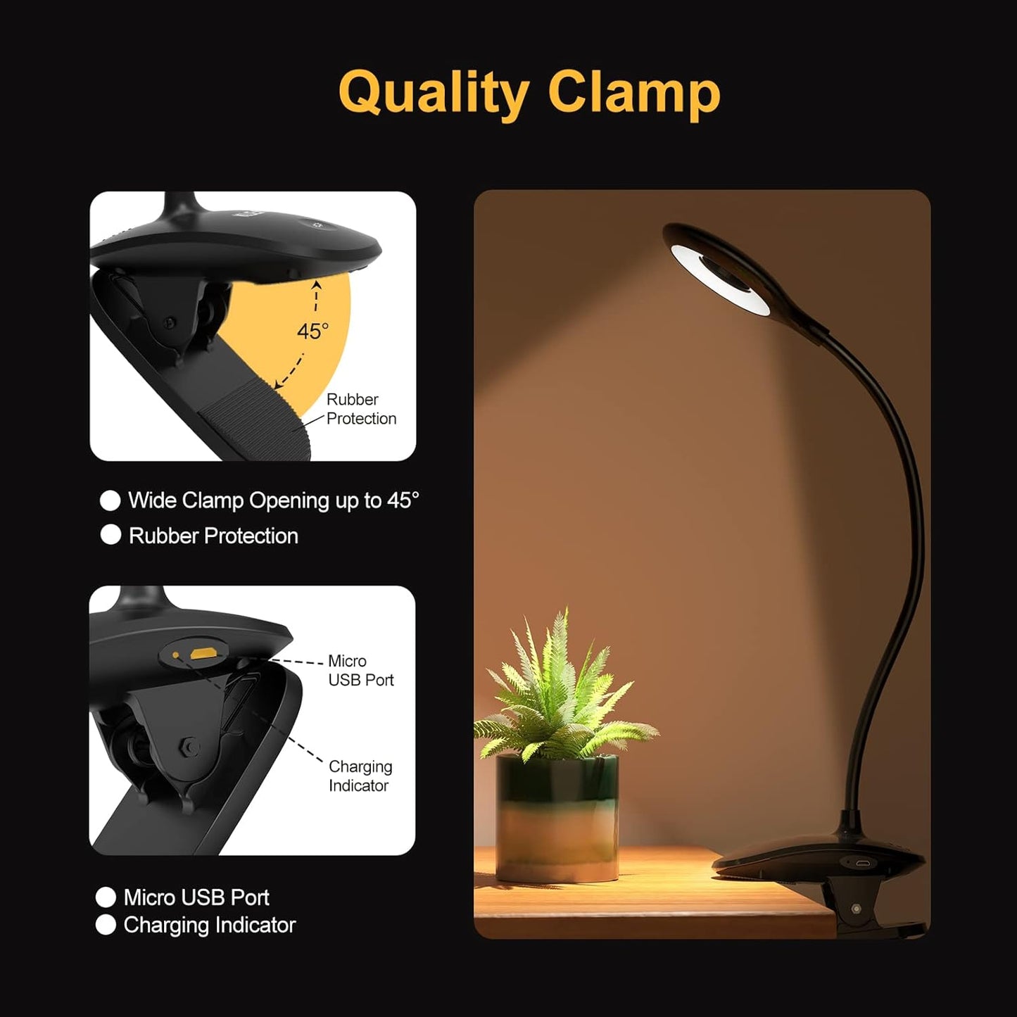 KLEAH Clip on Light for Bed & Desk, Reading in Bed, Dorm, Battery Operated Rechargeable Clamp Lamp for Headboard, Eye-Caring LED Light with 3 Brightness Modes & Flexible Gooseneck (Black)
