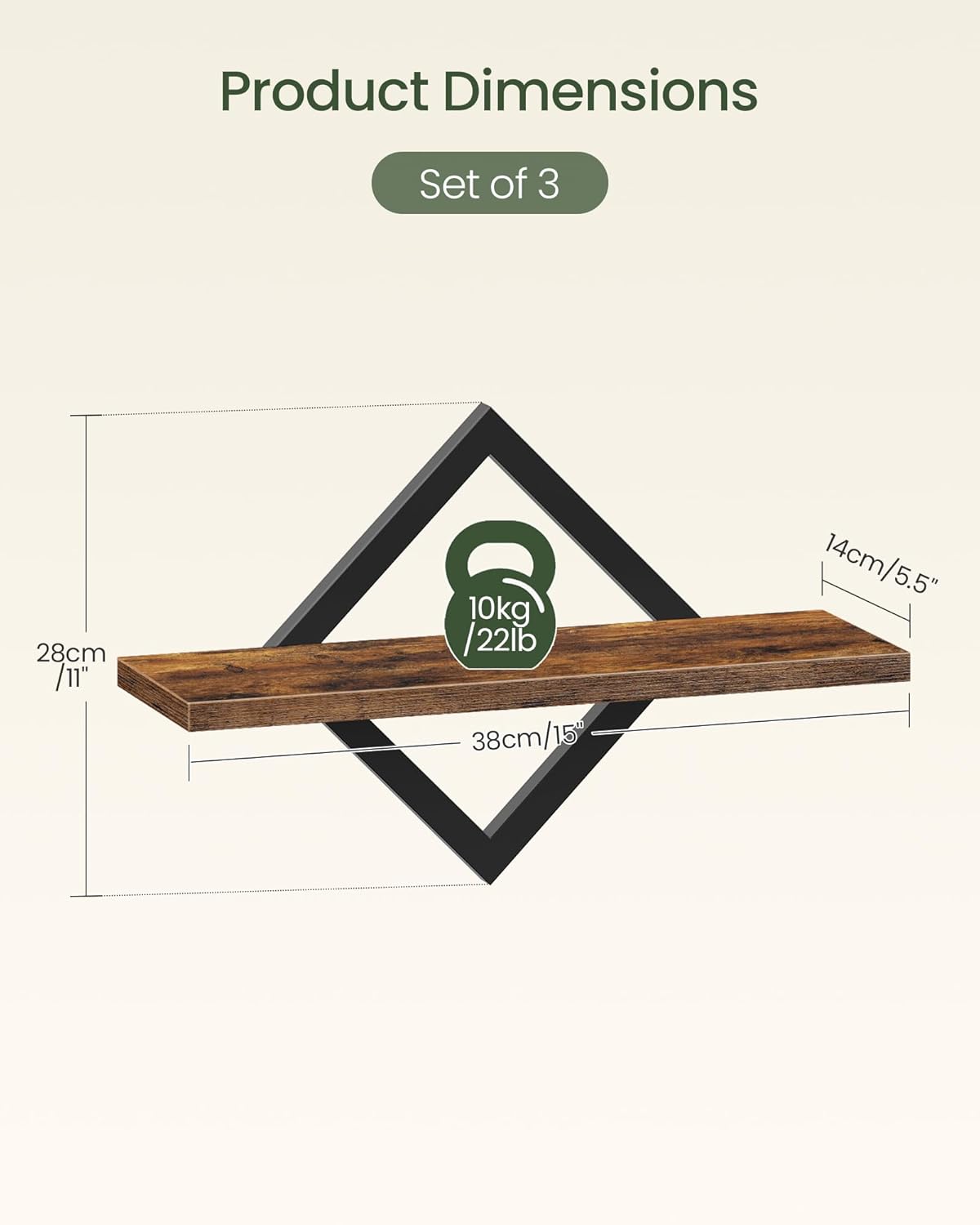 Floating Shelves for Wall, Set of 3 Wall Mounted Storage Shelves for Living Room, Bedroom, Kitchen, Bathroom, Rustic Brown TBJ03P3BF