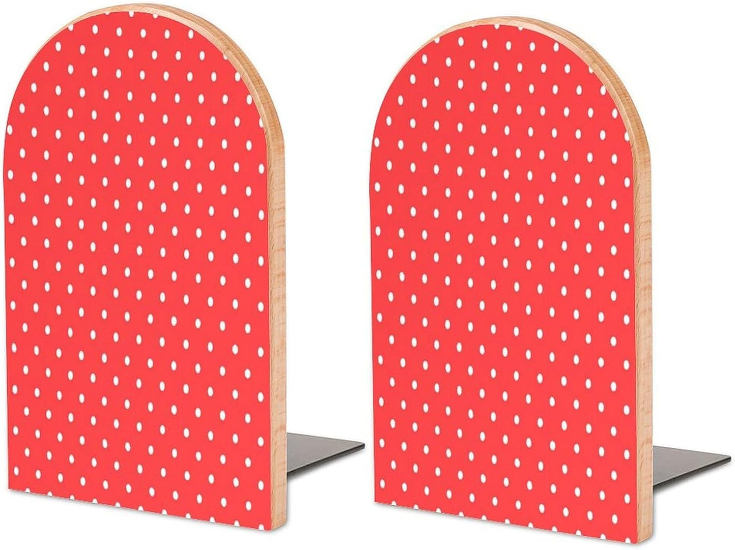 Red and White Polka Dots Wooden Bookend Non-Slip Book Ends Heavy Duty Book Stopper with Metal Base Books Holderd Decorative Bookends Stands Firmly for Office Supplies