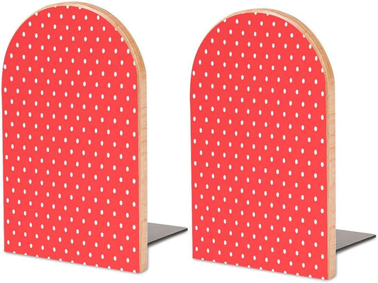 Red and White Polka Dots Wooden Bookend Non-Slip Book Ends Heavy Duty Book Stopper with Metal Base Books Holderd Decorative Bookends Stands Firmly for Office Supplies