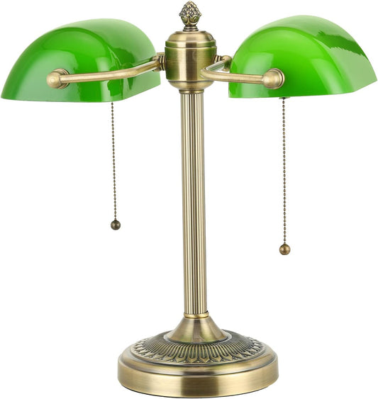 Newrays Green Double Head Glass Bankers Desk Lamp with Pull Chain Switch Plug in Fixture for Library, Office, Cafe
