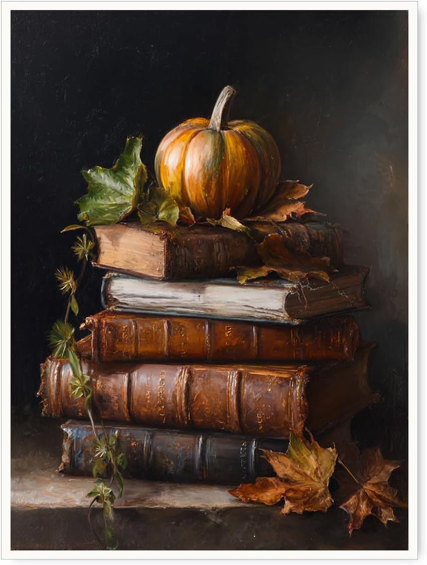 Vintage Pumpkin Still Life Wall Art – Antique Books with Fall Leaves Canvas Print,Dark Academia Autumn Aesthetic Poster for Reading Nook Decor 12x16in Unframed