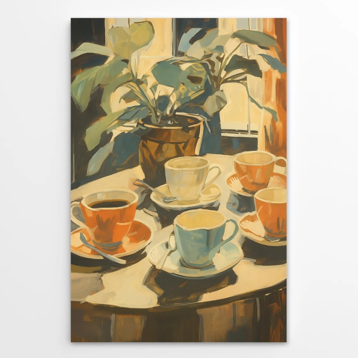 Retro Coffee and Plant Wall Art Vintage Coffee Table Moment Oil Painting Poster with Colorful Cups Prints Cozy Home Decor for Bedroom Kitchen Dining Room Reading Nook 12x18inch Unframed