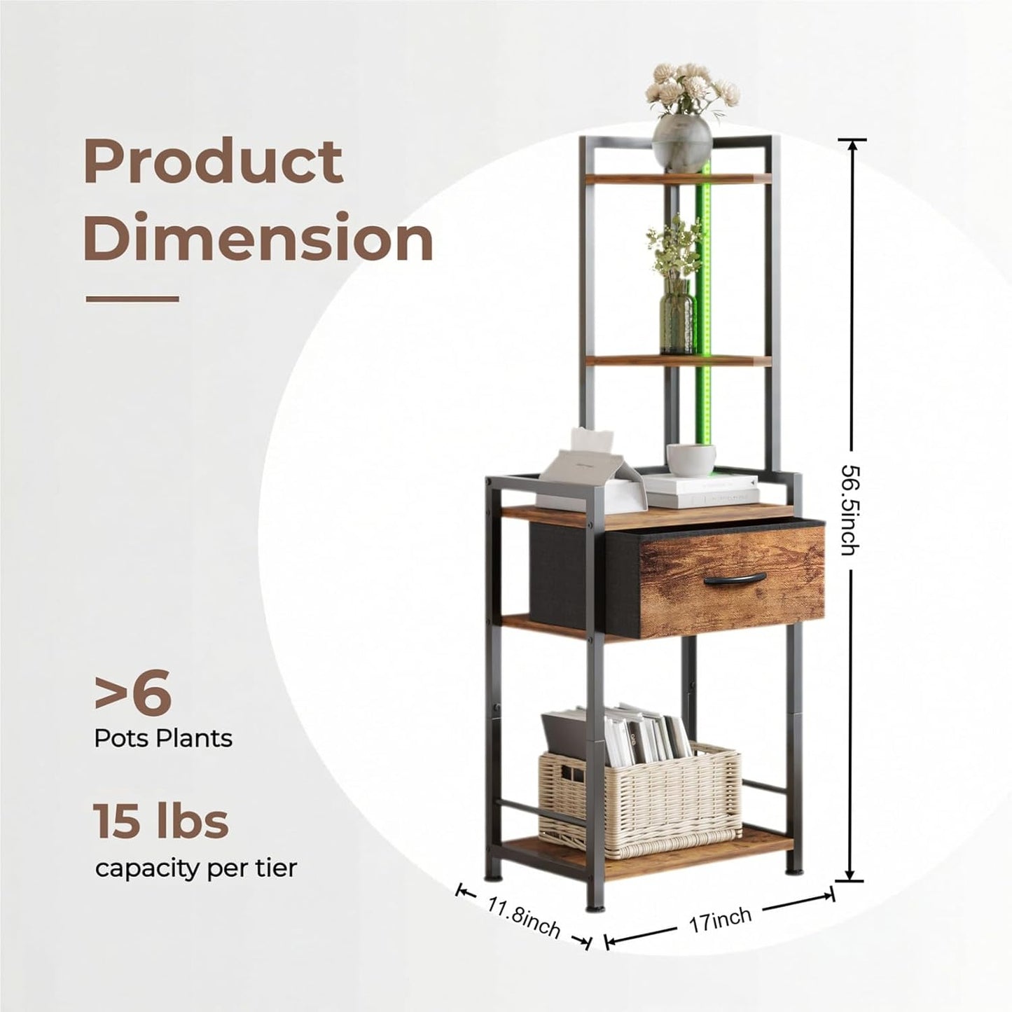 5-Tier Corner Shelf Stand with LED Lights & Fabric Drawer - Rustic Brown Freestanding Corner Cabinet Storage Organizer for Living Room, Bedroom, Office