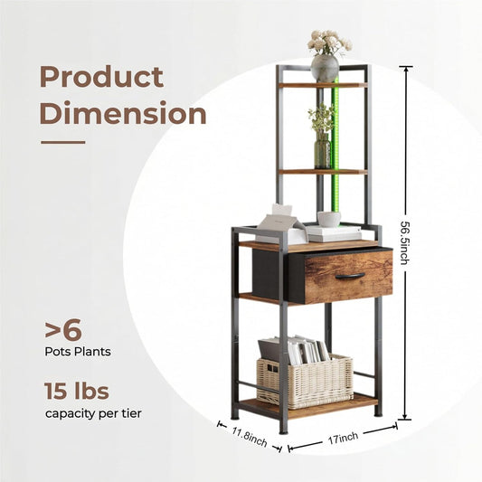 5-Tier Corner Shelf Stand with LED Lights & Fabric Drawer - Rustic Brown Freestanding Corner Cabinet Storage Organizer for Living Room, Bedroom, Office