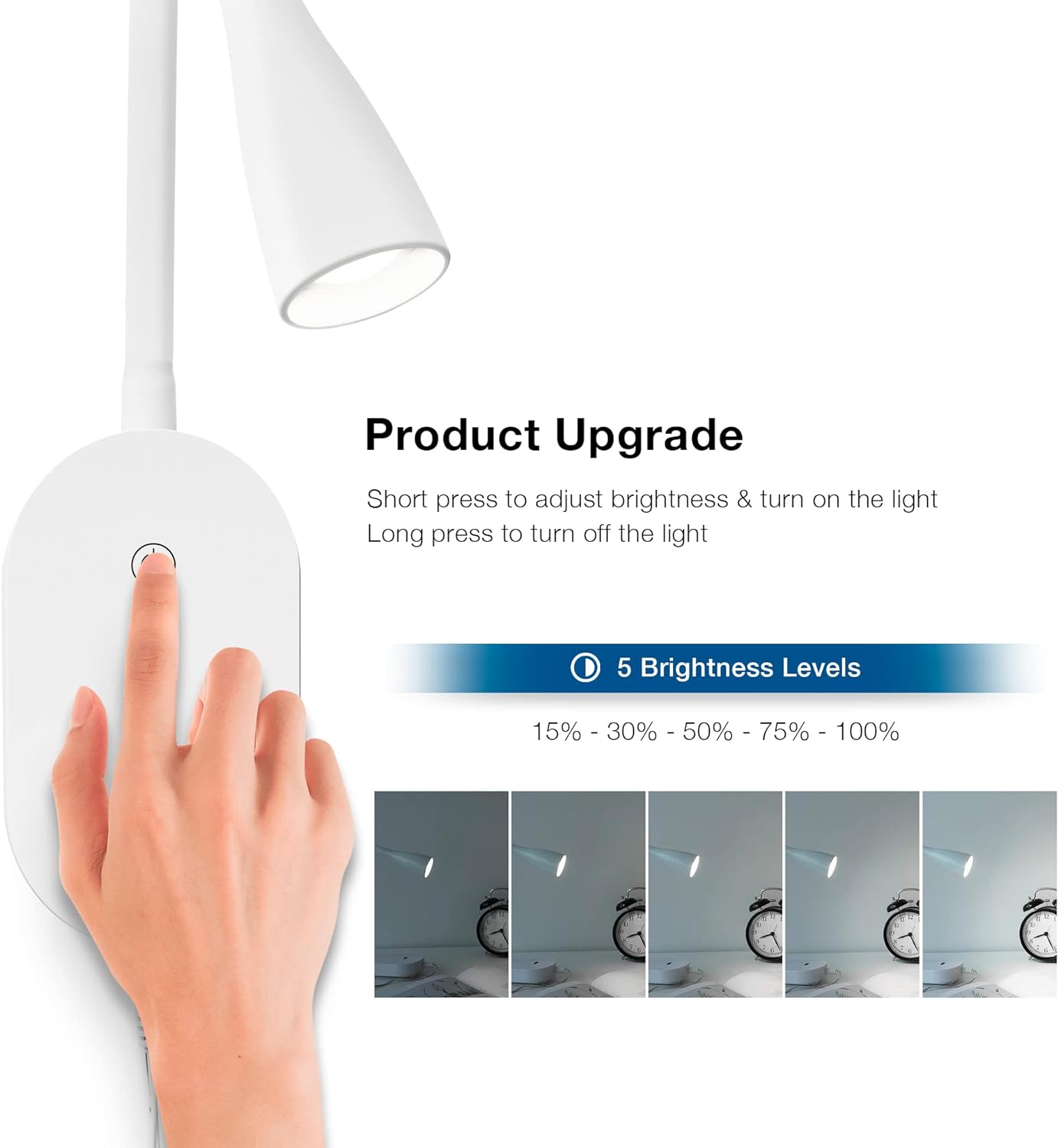Wall Mount Reading Light, Focused Book Light for Reading in Bed, 5 Dimming, USB Output, 4 Hours Auto Off, Touch Control, Flexible Gooseneck Headboard Reading Lamp, Easy to Install White