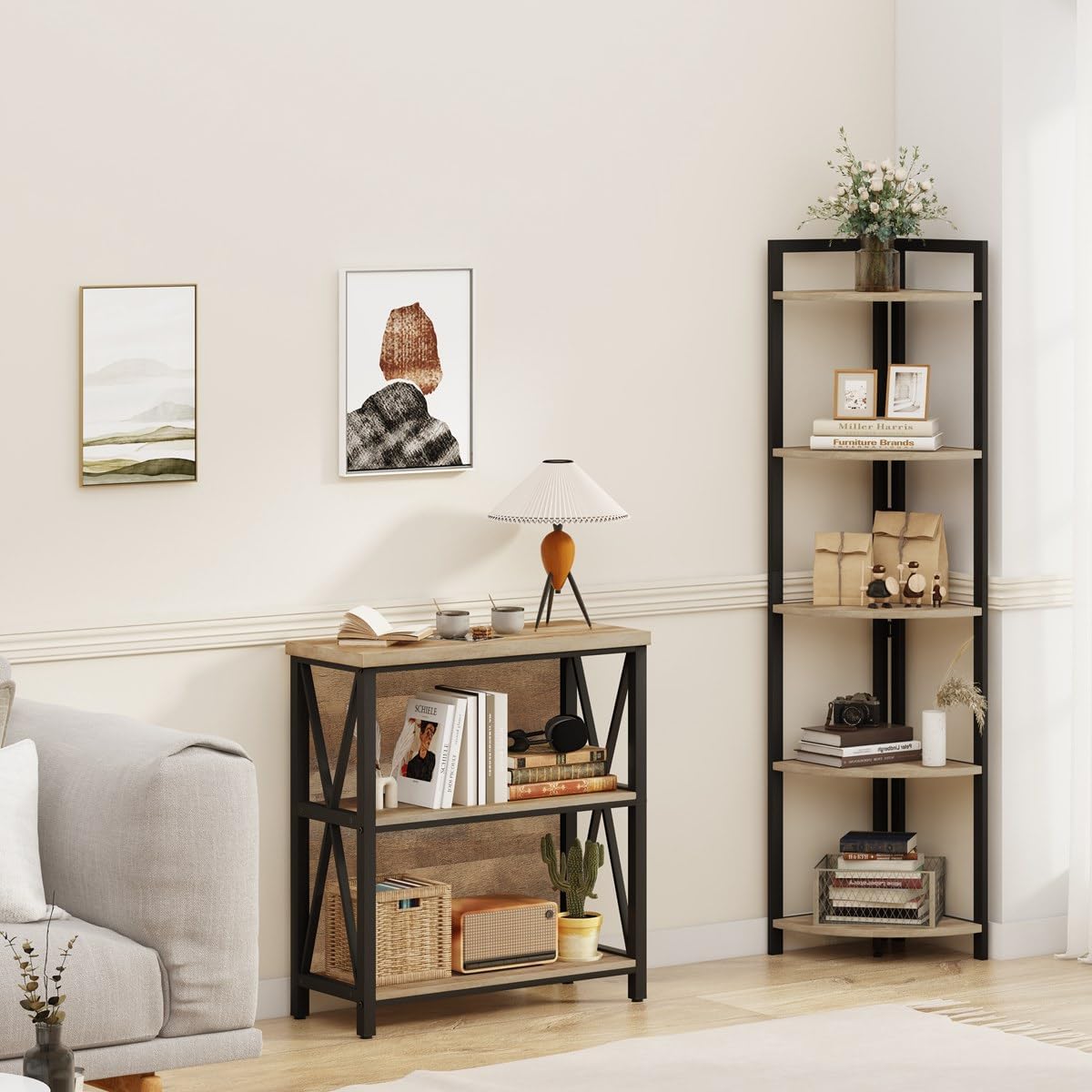 FATORRI Small Bookcase, Wood and Metal Low Short Bookshelf, Industrial Book Case and Rustic Book Shelf for Small Space (Rustic Oak)