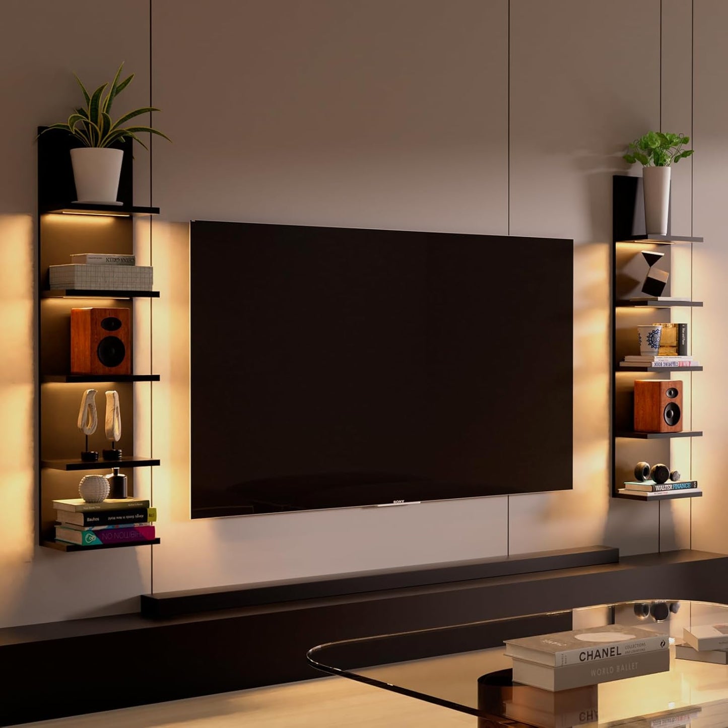 Homaterial 5 Tier Wall Shelf Unit, Black Modern Vertical Lack Wall Shelves with Light, Wall Mount, Floating Column Home Decor Shelves for Bedroom, Living Room, Vanity Storage Display