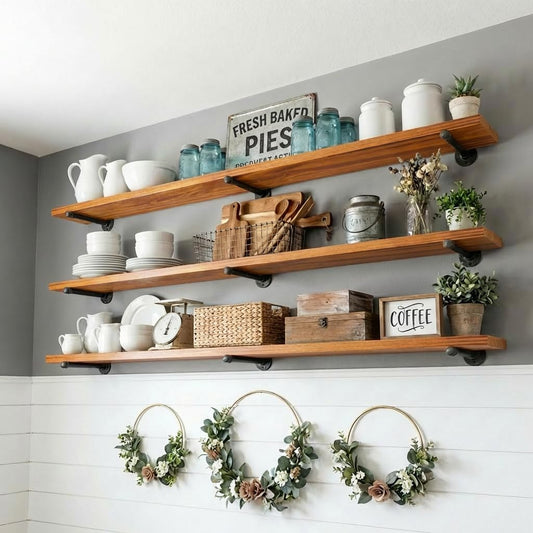 Industrial Pipe Wall Wood Shelves,Real Wooden Shelves 48" in Special Brown Color with 1.2" Extra Thickness, Modern Floating Shevles Bookshelf Shelving Units for Rustic Farmhouse Decor