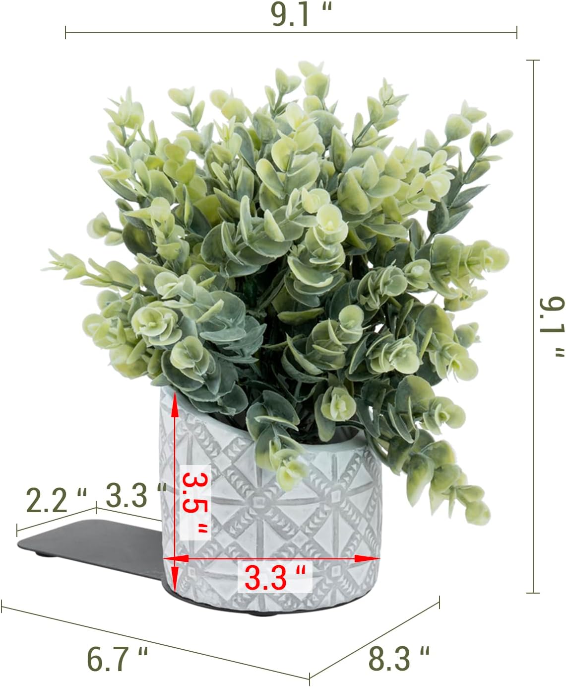 MyGift L-Shaped Decorative Bookends with Artificial Eucalyptus Plant Potted in Modern Geometric Embossed Gray Concrete Pot, Book Ends for Shelf Desk Nook Decor, 1 Pair