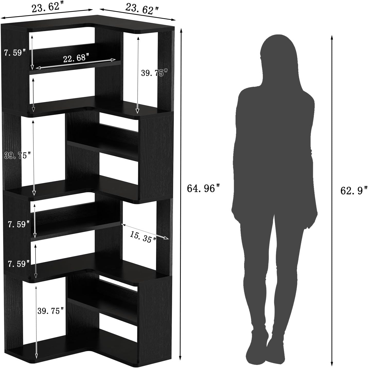 Lkeiyay 9-Tier Black Corner Bookcase, 65” Tall Space-Saving Modern Corner Bookshelf for Living Room/Bedroom, Sturdy Open Storage Unit with Multiple Shelves, Perfect for Home Office & Small Spaces