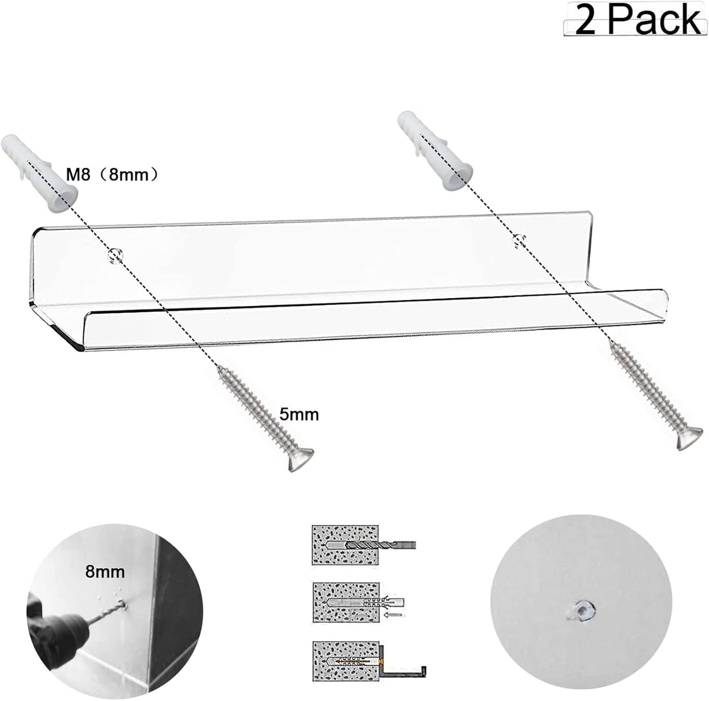 Acrylic Floating Wall Ledge Shelf, Clear Bathroom Storage Shelves Display,Acrylic 15" Invisible Bookshelf (2pack)