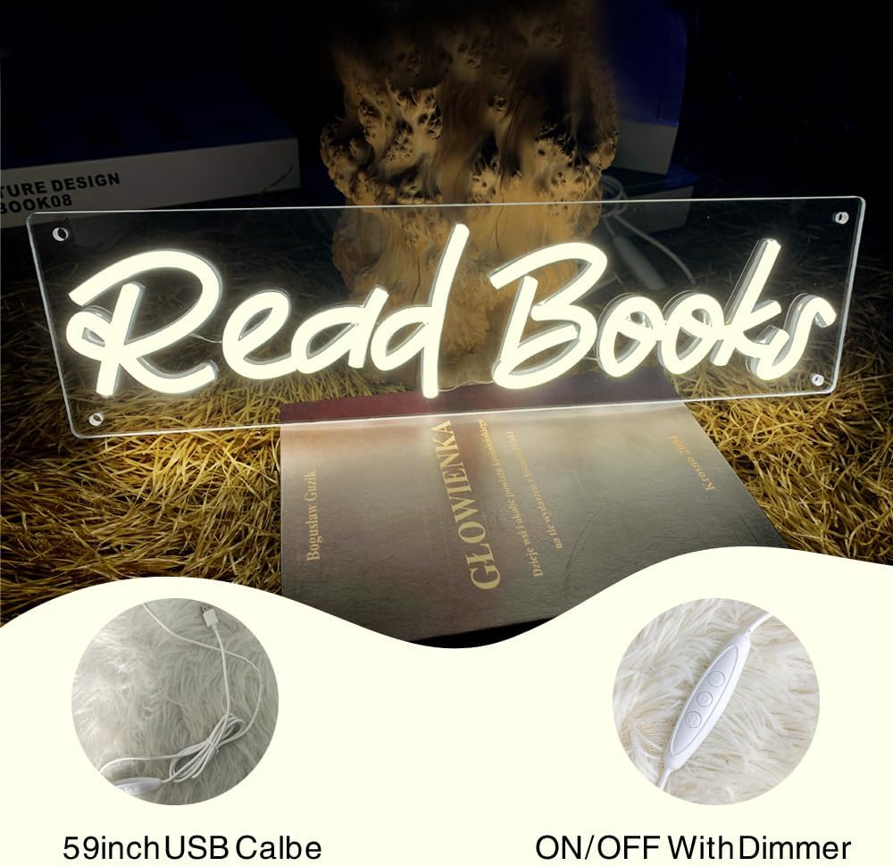 Read Books Neon Sign LED Neon Lights Dimmable USB Powered Book Lovers Words Quotes Sign Kid Room Light Wall Art for Library Classroom Reading Corner Decor 16"x4.23"