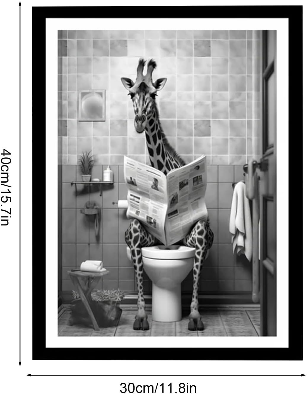 Giraffe Bathroom Decor, Funny Animal Canvas Prints, Humor Poster of Giraffe Reading Newspaper on Toilet for Bathroom, Restroom, Washroom, Hotel, Apartment