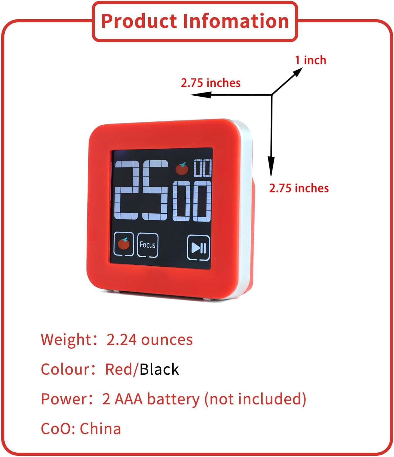 Fooocus Pomodoro Timer, Color Touch Screen, Preset/Custom Modes, Pomodoro Accumulation, Buzzer/Vibration/Flash Alarm for Work, Office, Study, Task, 25/5 min & Custom Countdown Cycle