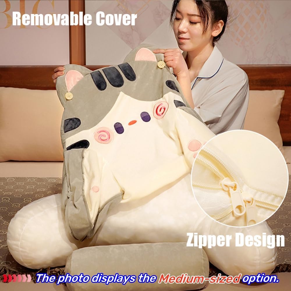 Sexysamba Bed Rest Reading Pillow - Kawaii Soft Lumbar Pillows Rest Cushion with Washable Cover, Bedrest Pillow with Arms for Sitting in Bed, Relaxing, Watching TV, Gaming, Cars - Grey Cat,Medium