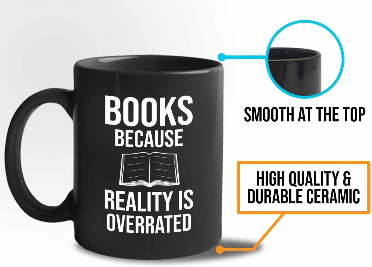 Bubble Hugs Writer Coffee Mug 11oz Black - Books Because Reality is Overrated - Reading Book Lover for Bookworm Bibliophile Librarians Author Readers Bookish