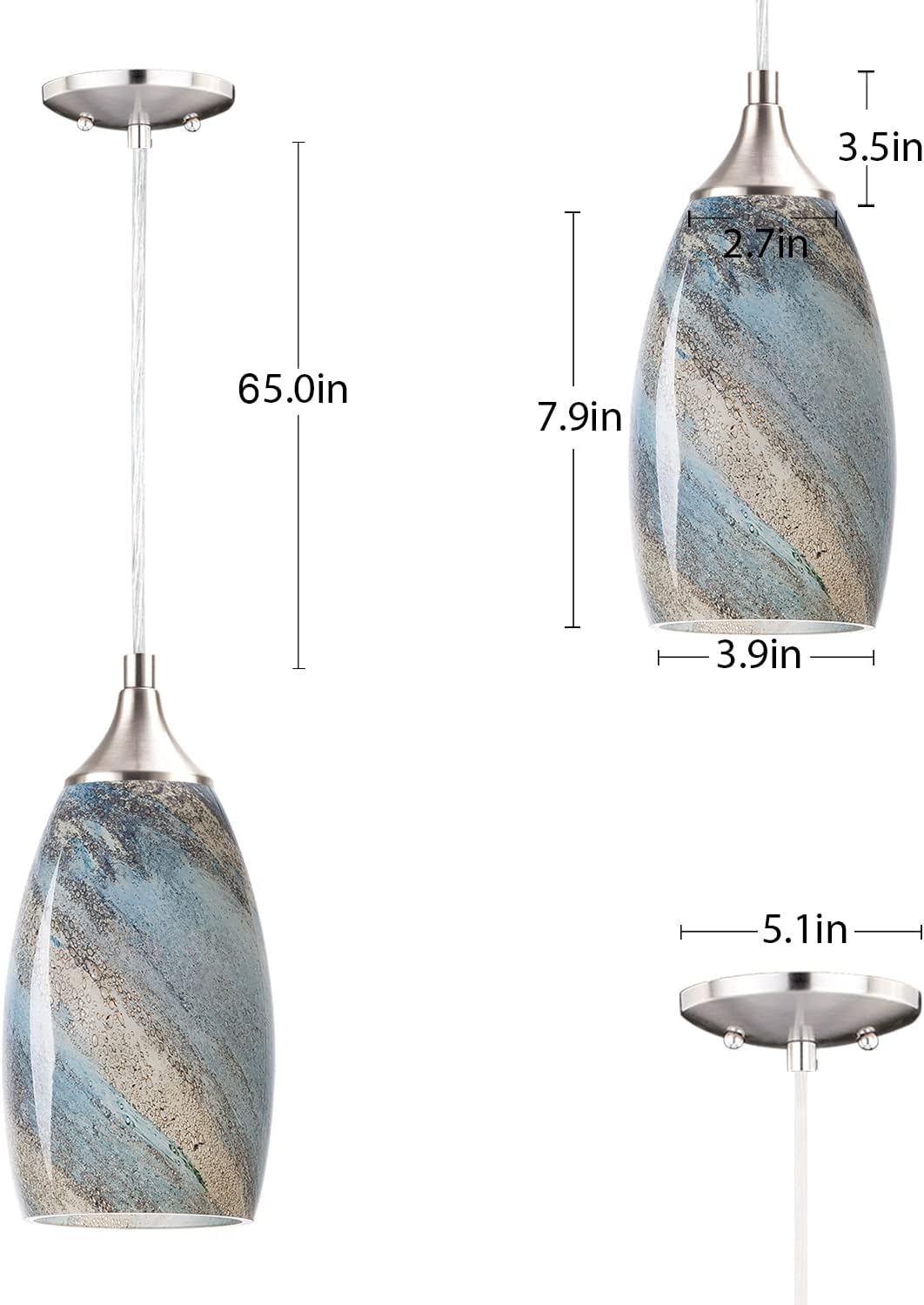 COOSA 1-Light Pendant Light,Handcrafted Art Glass Hanging Light for Kitchen Island,Brushed Nickel Finish with Adjustable Cord Mounted Fixture(Earth)
