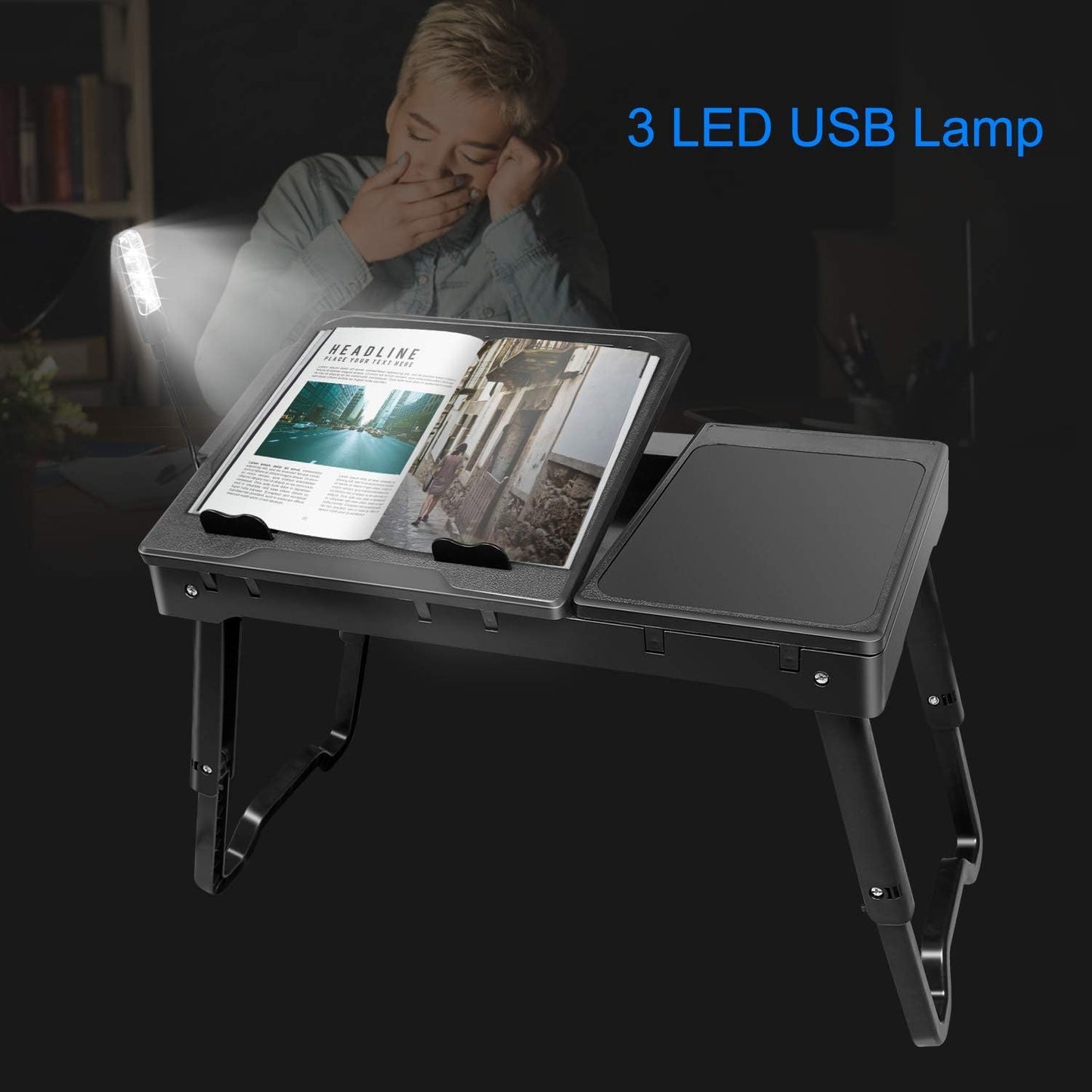 Laptop Table for Bed, Bed Table Trays for Eating and Laptops with Adjustable Laptop Stand, Multi-Functional Lap Desk with Internal Cooling Pad, LED Desk Lamp, 4 Port USB Hub, Mouse Pad