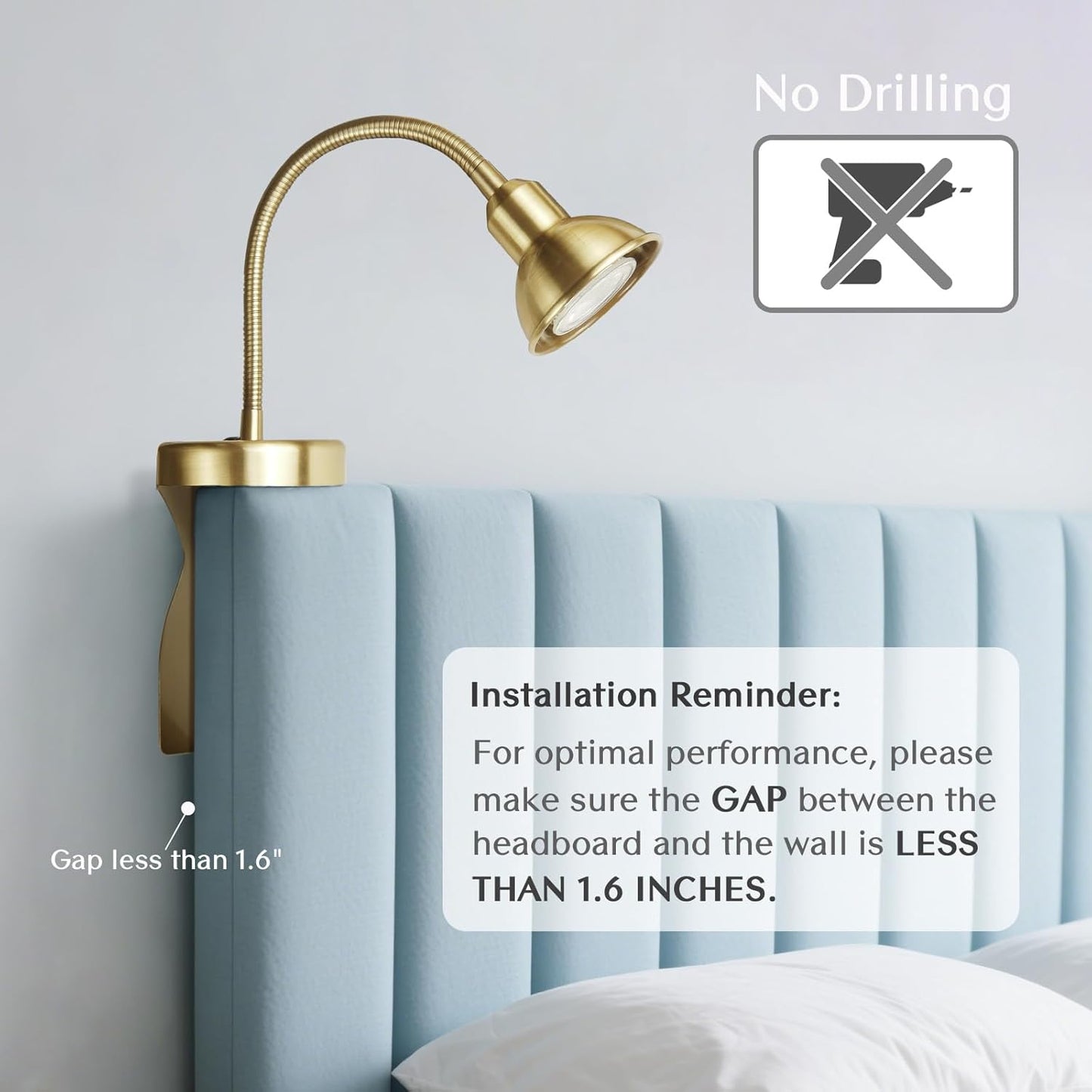 Solfres Patented Innovative Design Headboard Reading Light. No Drilling Golden Book Light for Bedtime Reading. Dimmable LED Book Reading Lamp with Bulb. Movable & Flexible, Gold