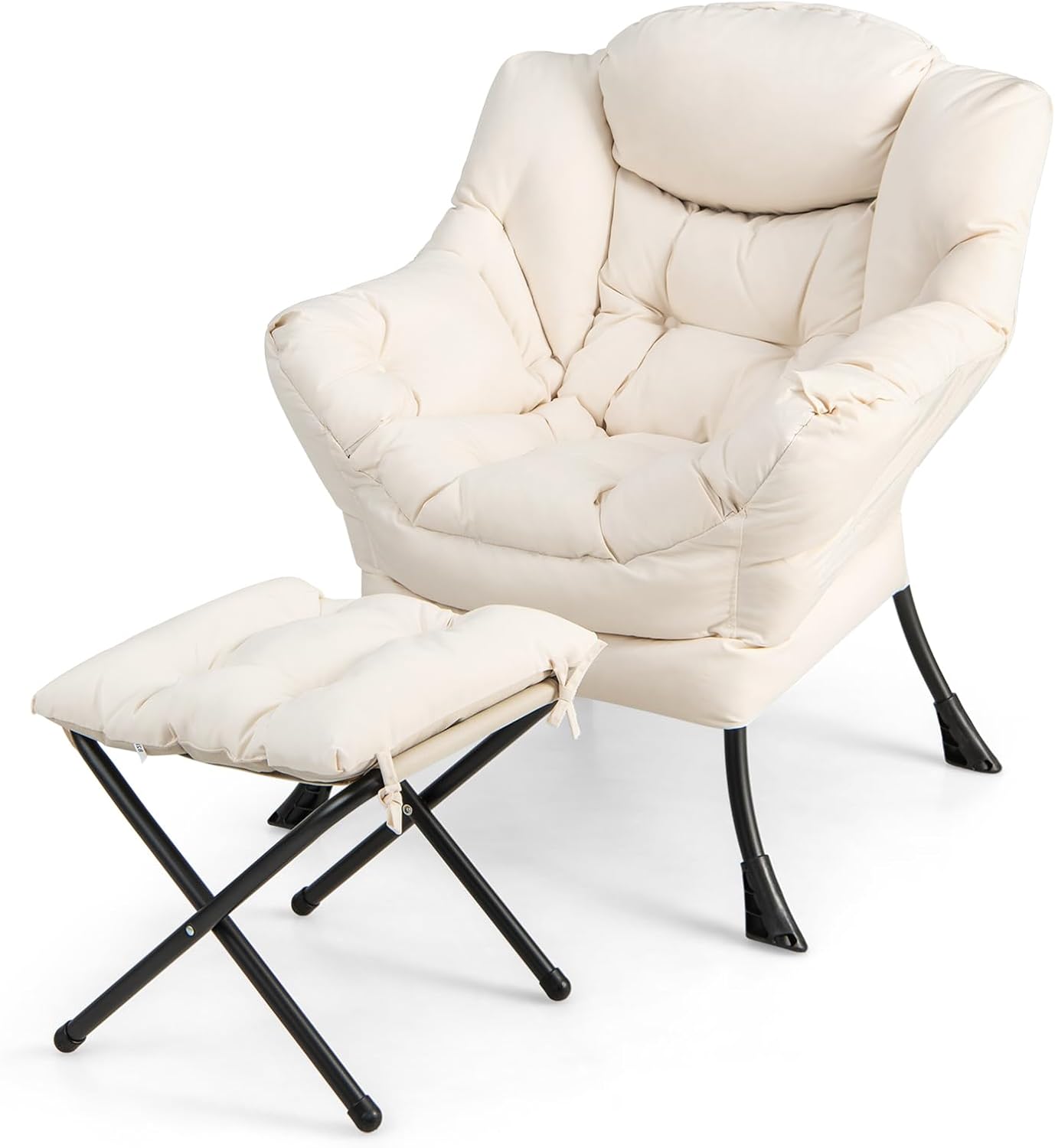 GORELAX Lazy Chair with Ottoman, Modern Accent Chair w/Armrests & Side Pocket, Upholstered Lounge Sofa Chair & Folding Footstool Set, Reading Chair for Bedroom, Living Room, Dorm Room (Beige)