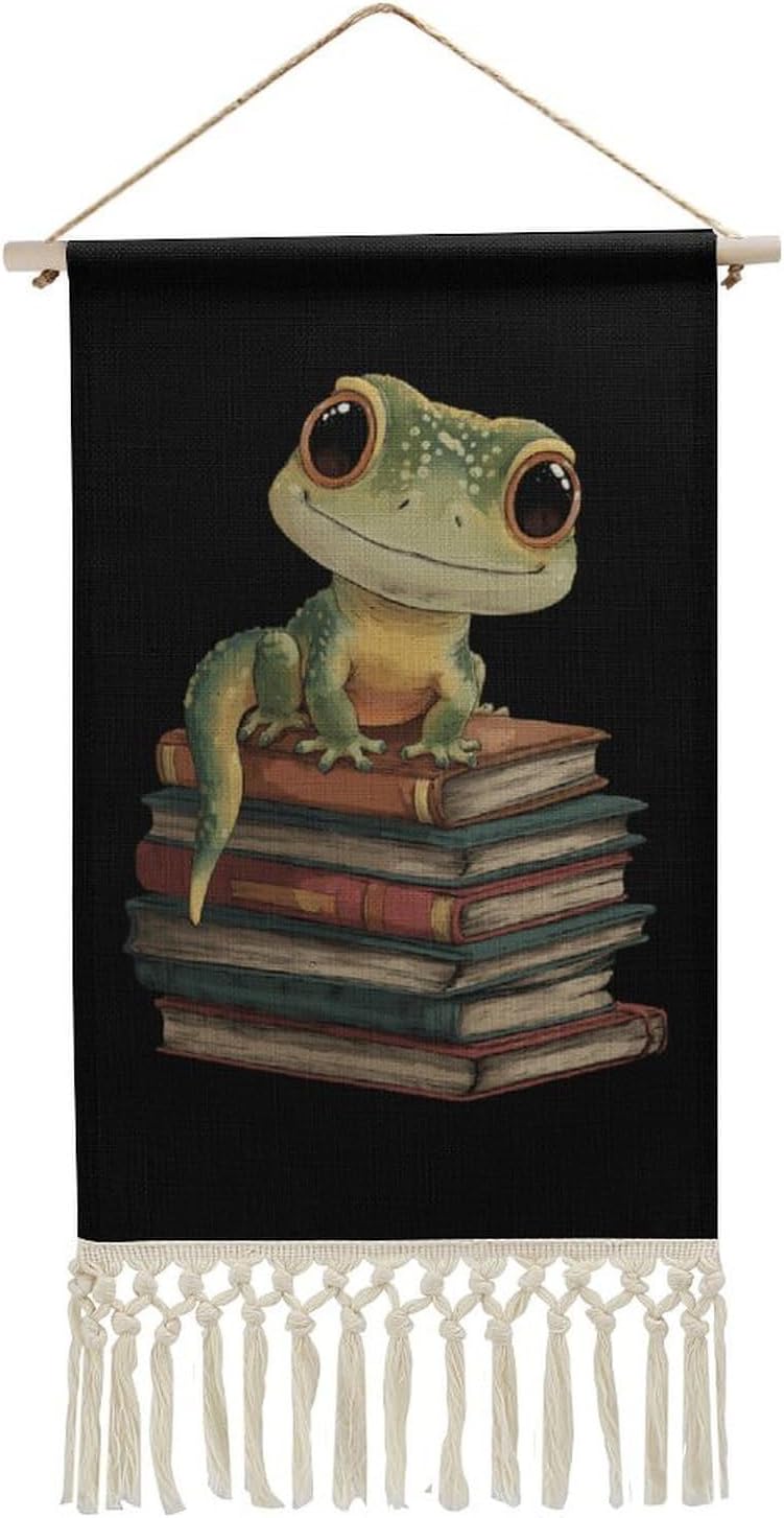 Leopard Gecko Reading Books Retro Poster Hanging Kit Art Picture Canvas Personalized Home Decor with Tassel