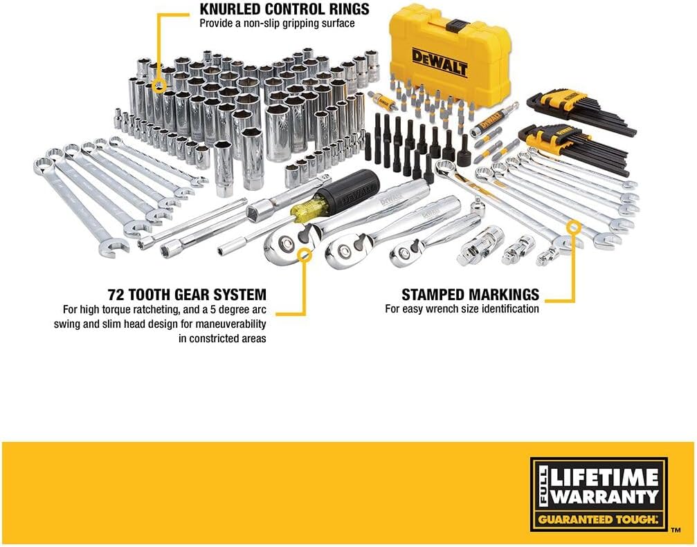 DEWALT Mechanic Tool Set with Case, Socket Set Metric and Standard Full, 1/4" & 3/8" Drive, Hex Keys and Specialty Tools, 168-Piece (DWMT73803)