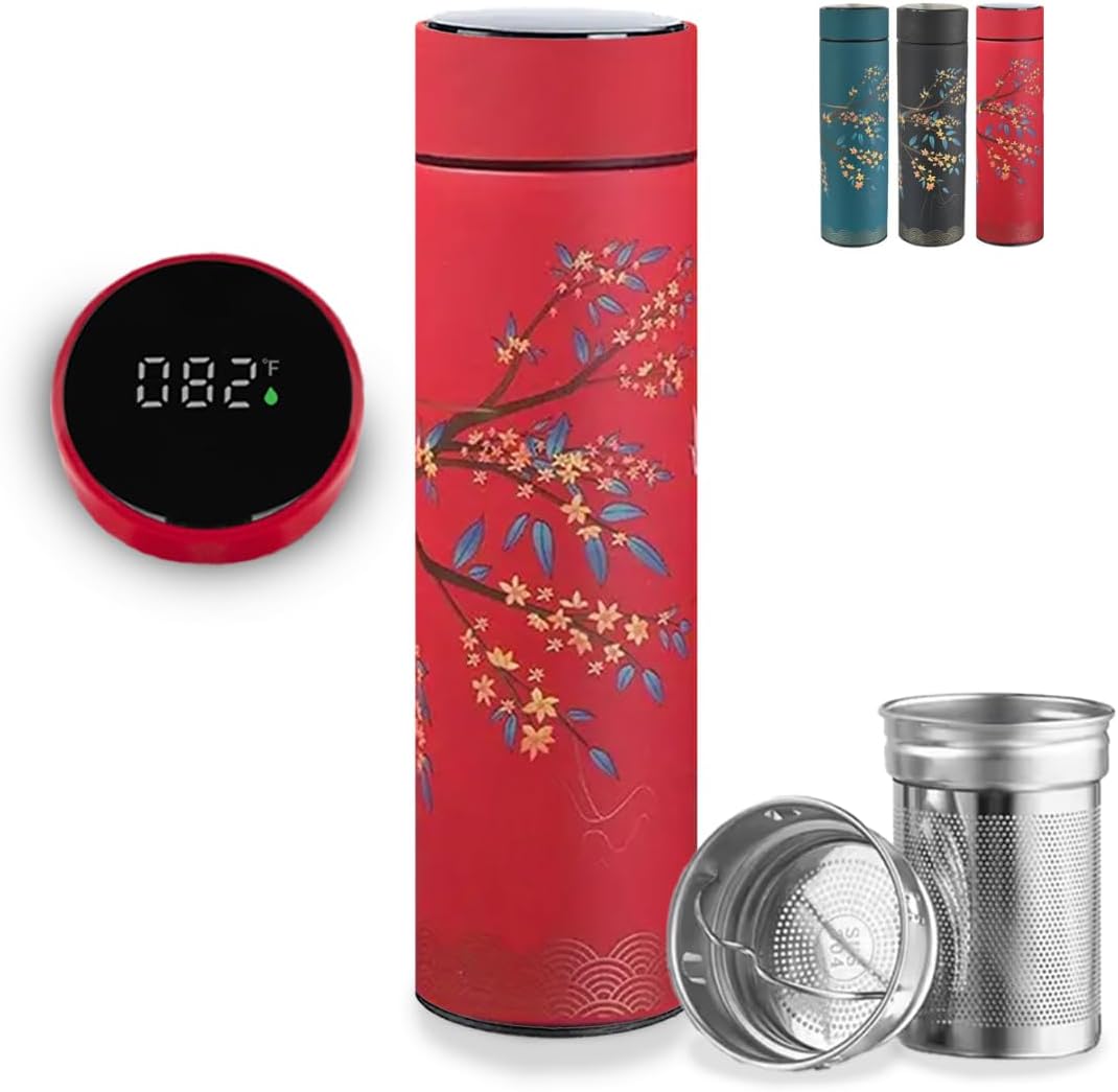 Farasi Tea Infuser for Loose Leaf Tea Smart Water Bottle with Fahrenheit Temperature Display, Stainless Steel Insulated Coffee and Fruit Tea Infuser Bottle - Red Floral Travel Tea Mug 15 oz