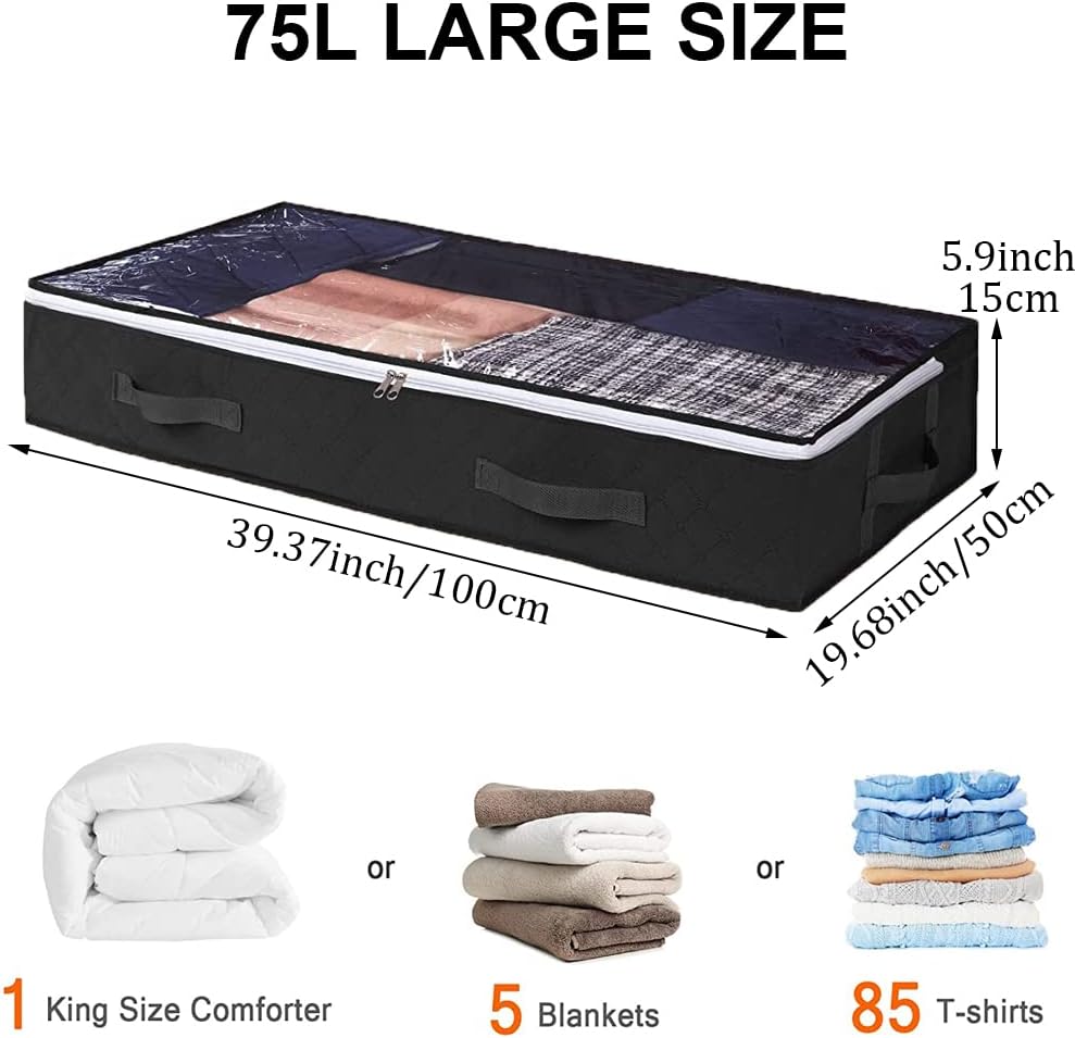 Under Bed Storage Containers, 4-Pack Large Underbed Storage Bags Organizer, Thick Fabric Storage Bins with Clear Window and Handles for Blanket, Comforter, Bedding, Clothes, Black
