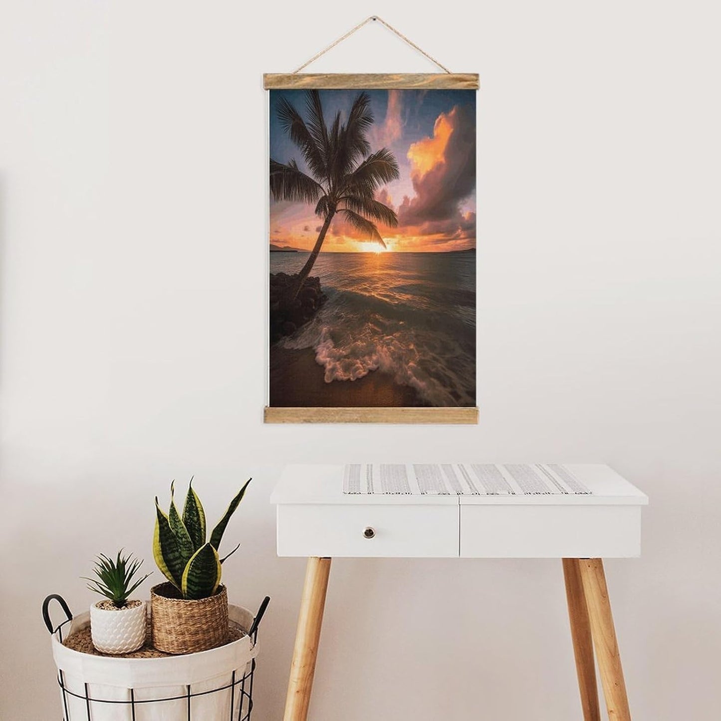 Vintage Palm Tree Sunset Beach Poster with Wooden Frame Personalized Linen Hanging Scroll Painting Rustic Wall Hanging Illustrative Modern Artwork Decor for Home Living Room Bedroom Office