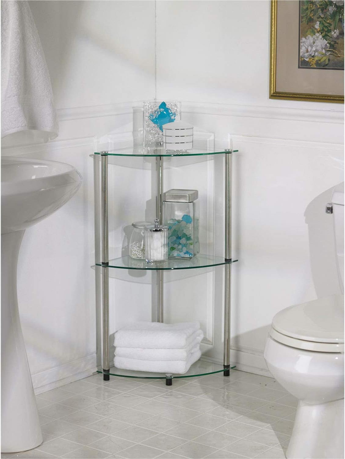 Convenience Concepts Designs2Go Classic Glass 3-Tier Corner Shelf 13.75" - Modern Media Bookshelf with Storage Shelves for Living Room, Display Storage Shelves for Family Room, Bathroom, Office, Glass/Chrome