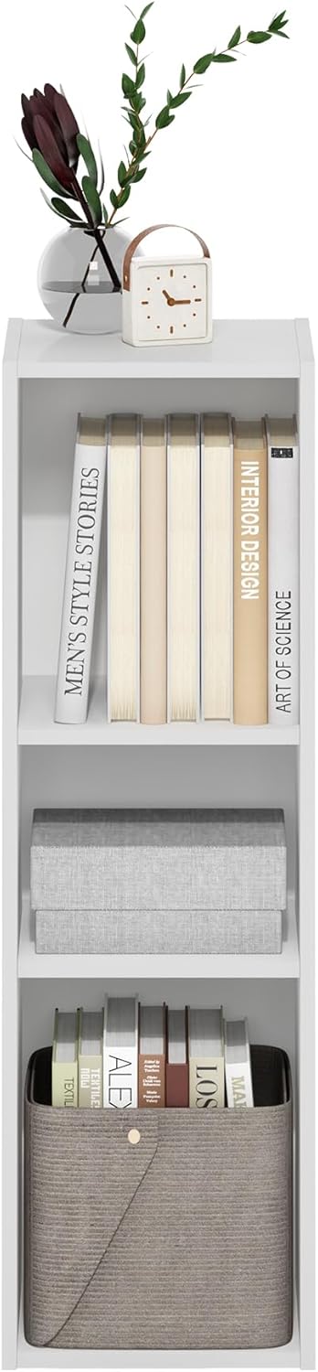 Furinno Fulda Book Shelf, 3-Tier Narrow Bookshelf, Bookcase with 10-in Width Storage Shelf, 9.3 x 9.8 x 31.5, for Living Room, Bedroom, Home Office, Plain White