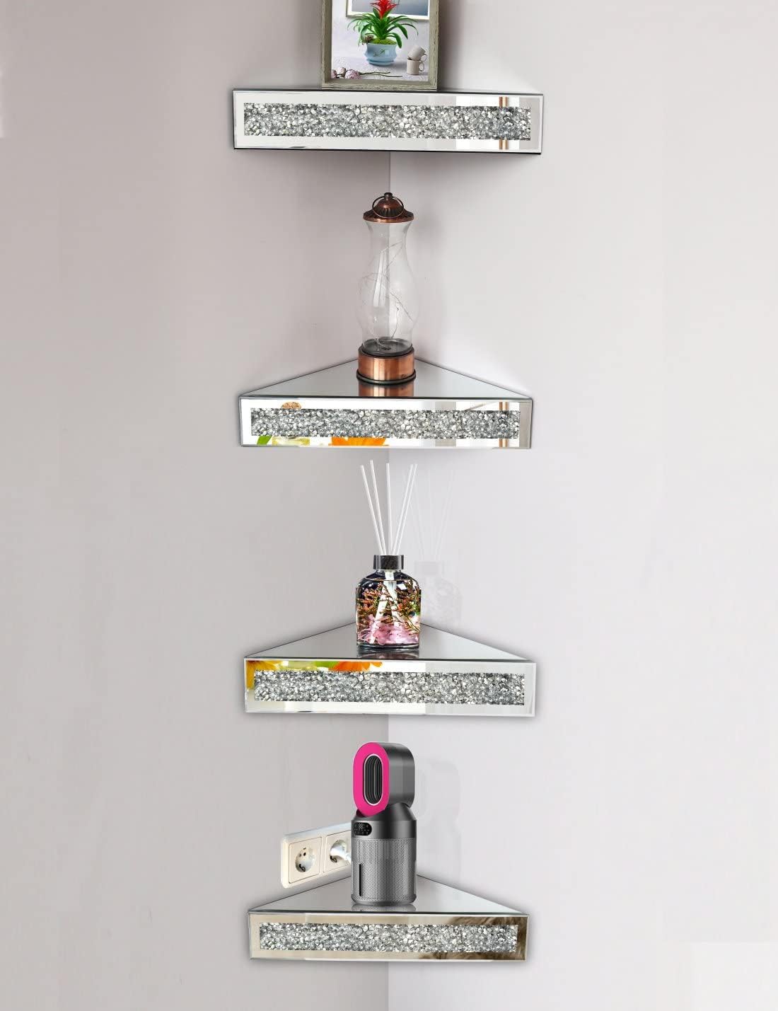 Mirrored Floating Corner Shelf, Silver Mirror Crushed Diamond Decorative Wall Shelf for Home Decoration Crystal Diamond Wall Art Decor Accent Piece Showcase 11.8" L×11.8" W×3.1" H, Set of 2