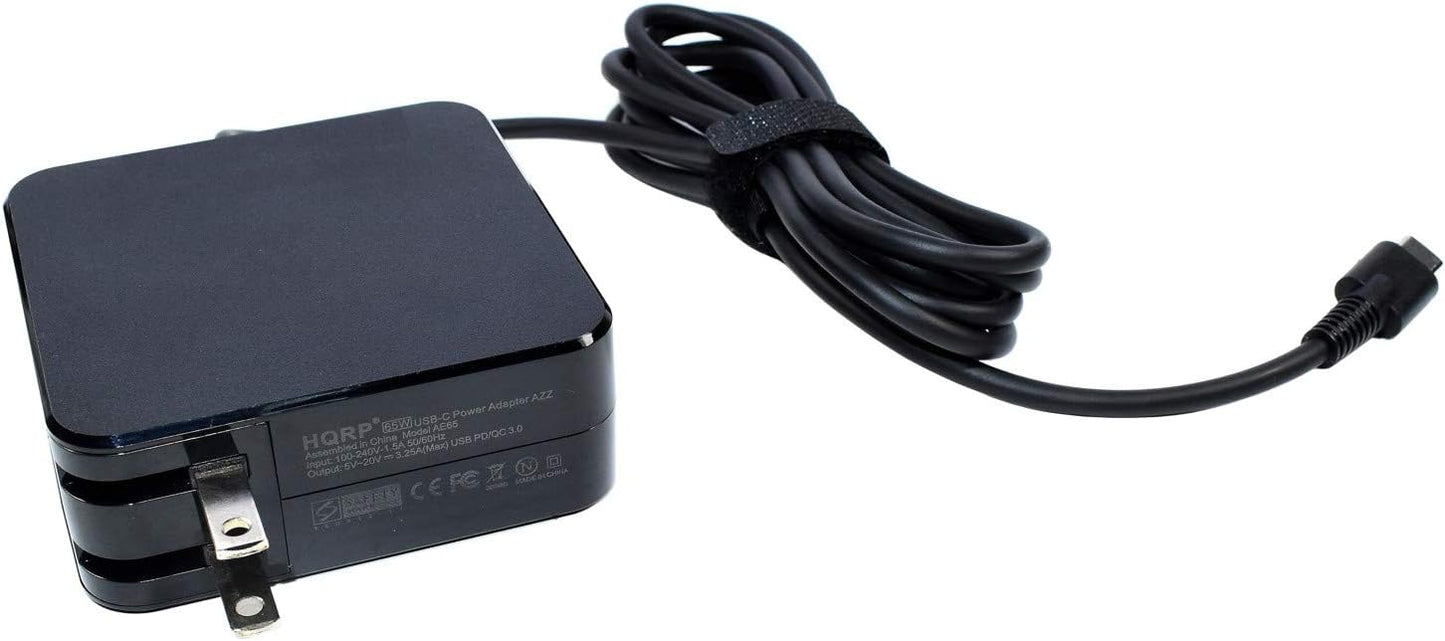 HQRP USB-C AC Adapter Compact Portable Fast Charger PD/QC 3.0 Type-C USB Power Supply Cord Black Cable (15W 27W 45W 65W 5V 9V 12V 15V 20V 3A 3.25A) Plus HQRP Euro Plug Adapter