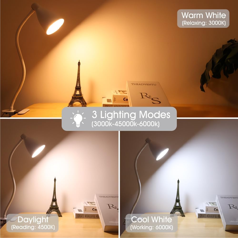 Clip on Lamp Reading Lights,3 Color Modes 10 Brightness Dimmer with Auto Off Timer Eye-Caring 360° Flexible LED Desk Lamp Gooseneck Clip for offic Bed Desk Headboard Dorm ,AC Adapter Include,White