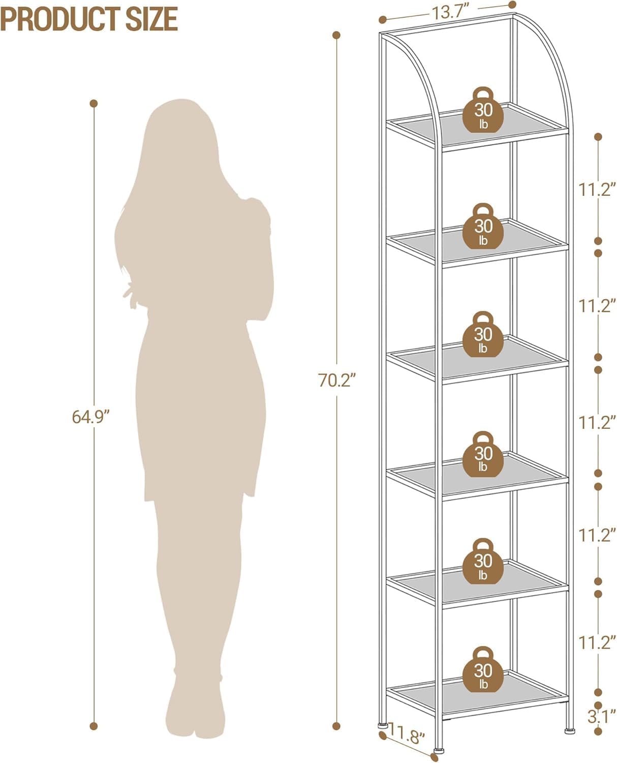 Bookcase Bookshelf, Tempered Glass Arched Bookshelf for More Storage, Slim Shelving Unit for Bedroom, Bathroom, Home Office, Steel Frame, 6 Tier Gold BC20699G