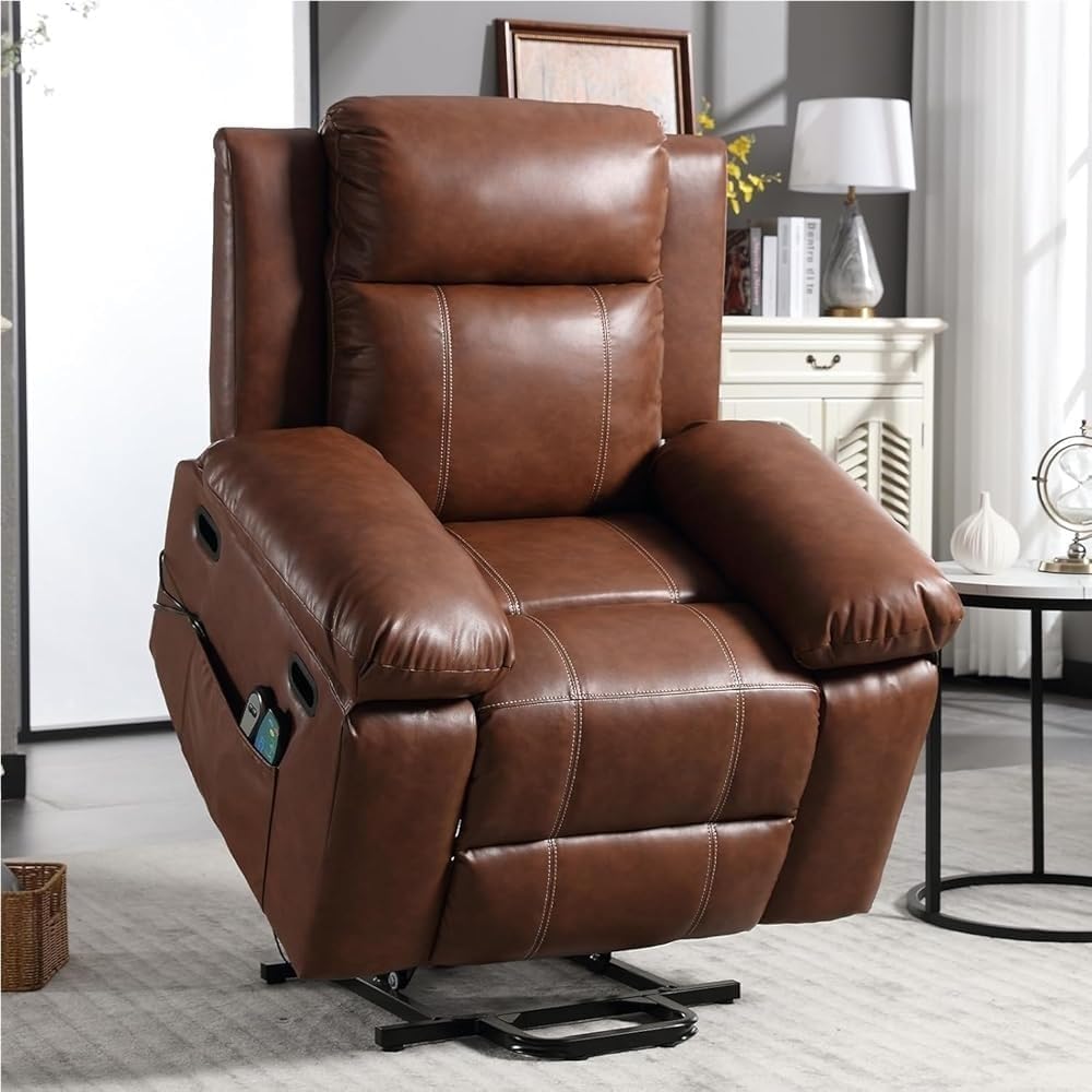Electric Recliner Sofa Chair for Adults Lift Recliner Chair with Heat and Massage Genuine Leather Lay Flat Recliner Sofas for Living Room Home Theater