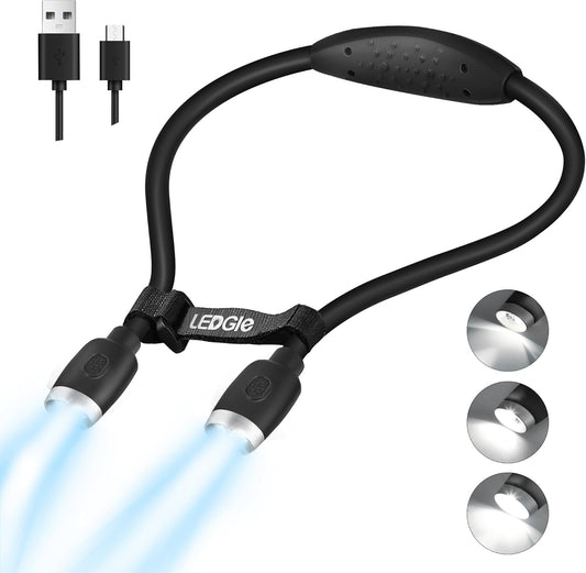 LEDGLE Updated Neck Light for Reading Books in Bed, LED Neck Lamp for Knitting with 1600K 3500K 6000KLighting + Flexible Comfortable Soft Silicone Arms, Perfect for Craft, Knitting, Repairing (Black)