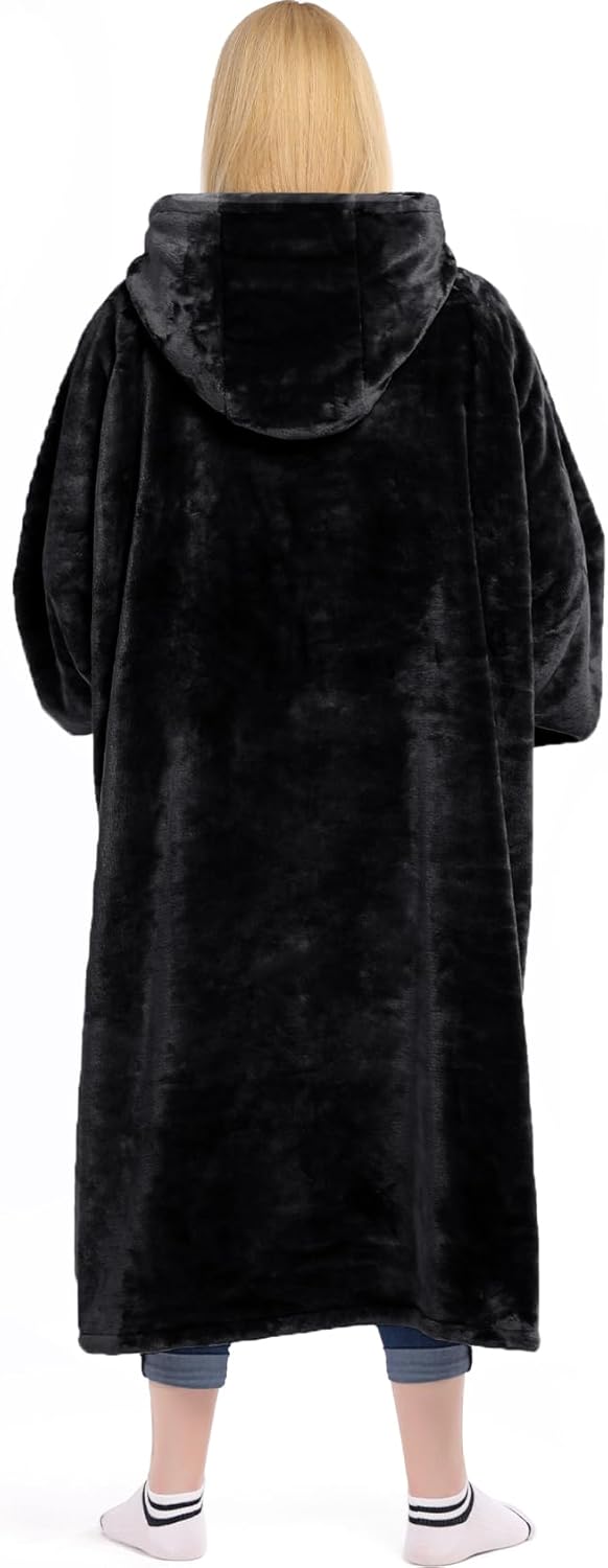 Waitu Wearable Blanket Hoodie with Zipper Gifts for Women Men, Warm and Cozy Oversized Hoodie Blanket Birthday Gifts for Women Mom, Thick Flannel Blanket with Giant Pocket - Black